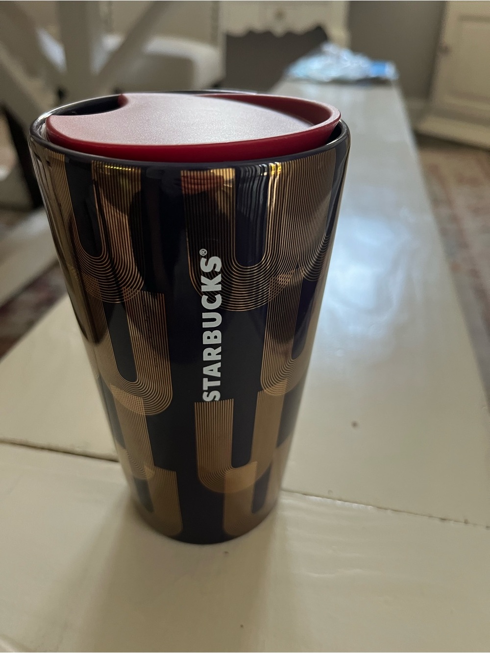 Starbucks Black and Gold Travel Tumbler with Red Lid